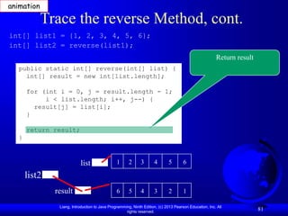 Liang, Introduction to Java Programming, Ninth Edition, (c) 2013 Pearson Education, Inc. All
rights reserved.
81
Trace the reverse Method, cont.
public static int[] reverse(int[] list) {
int[] result = new int[list.length];
for (int i = 0, j = result.length - 1;
i < list.length; i++, j--) {
result[j] = list[i];
}
return result;
}
int[] list1 = {1, 2, 3, 4, 5, 6};
int[] list2 = reverse(list1);
list
result
1 2 3 4 5 6
6 5 4 3 2 1
Return result
list2
animation
 