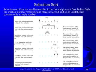 Liang, Introduction to Java Programming, Ninth Edition, (c) 2013 Pearson Education, Inc. All
rights reserved.
98
Selection sort finds the smallest number in the list and places it first. It then finds
the smallest number remaining and places it second, and so on until the list
contains only a single number.
Selection Sort
2 9 5 4 8 1 6
swap
Select 1 (the smallest) and swap it
with 2 (the first) in the list
1 9 5 4 8 2 6
swap
The number 1 is now in the
correct position and thus no
longer needs to be considered.
1 2 5 4 8 9 6
swap
1 2 4 5 8 9 6
Select 2 (the smallest) and swap it
with 9 (the first) in the remaining
list
The number 2 is now in the
correct position and thus no
longer needs to be considered.
Select 4 (the smallest) and swap it
with 5 (the first) in the remaining
list
The number 6 is now in the
correct position and thus no
longer needs to be considered.
1 2 4 5 8 9 6
Select 6 (the smallest) and swap it
with 8 (the first) in the remaining
list
1 2 4 5 6 9 8
swap
The number 6 is now in the
correct position and thus no
longer needs to be considered.
1 2 4 5 6 8 9
Select 8 (the smallest) and swap it
with 9 (the first) in the remaining
list
The number 8 is now in the
correct position and thus no
longer needs to be considered.
Since there is only one element
remaining in the list, sort is
completed
5 is the smallest and in the right
position. No swap is necessary
The number 5 is now in the
correct position and thus no
longer needs to be considered.
swap
 