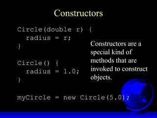 Constructors
Circle(double r) {
radius = r;
}
Circle() {
radius = 1.0;
}
myCircle = new Circle(5.0);
Constructors are a
special kind of
methods that are
invoked to construct
objects.
 