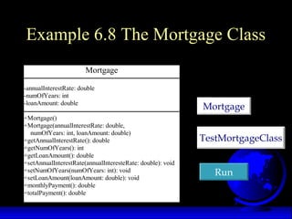 Example 6.8 The Mortgage Class
Mortgage
-annualInterestRate: double
-numOfYears: int
-loanAmount: double
+Mortgage()
+Mortgage(annualInterestRate: double,
numOfYears: int, loanAmount: double)
+getAnnualInterestRate(): double
+getNumOfYears(): int
+getLoanAmount(): double
+setAnnualInterestRate(annualInteresteRate: double): void
+setNumOfYears(numOfYears: int): void
+setLoanAmount(loanAmount: double): void
+monthlyPayment(): double
+totalPayment(): double
TestMortgageClassTestMortgageClass
RunRun
MortgageMortgage
 