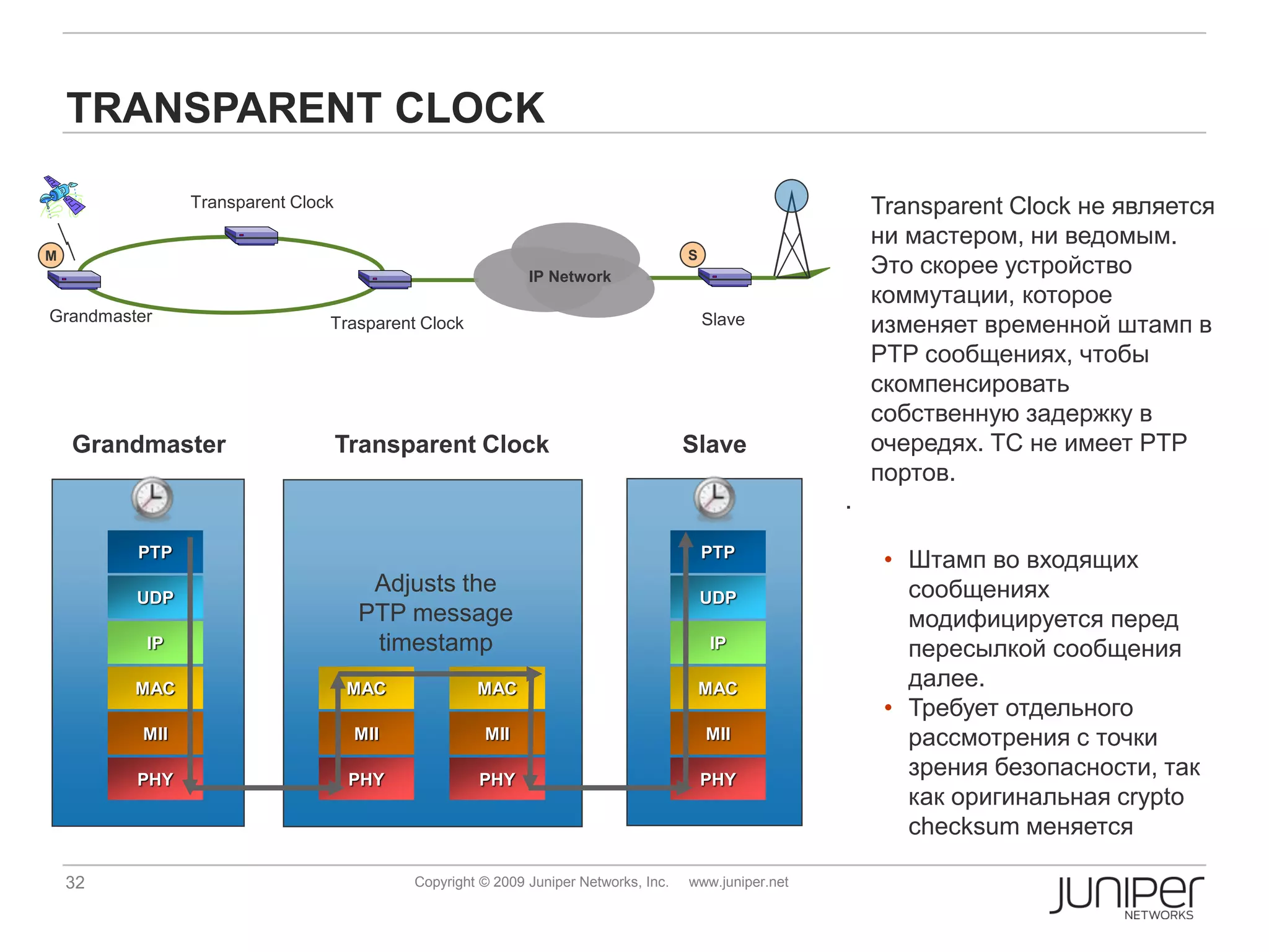 TRANSPARENT CLOCK

                Transparent Clock                                                                          Transparent Clock не является
                                                                                                           ни мастером, ни ведомым.
M                                                                                    S
                                                            IP Network
                                                                                                           Это скорее устройство
                                                                                                           коммутации, которое
Grandmaster                     Trasparent Clock                                         Slave             изменяет временной штамп в
                                                                                                           PTP сообщениях, чтобы
                                                                                                           скомпенсировать
                                                                                                           собственную задержку в
    Grandmaster                     Transparent Clock                                Slave                 очередях. TC не имеет PTP
                                                                                                           портов.
                                                                                                       .

         PTP                                                                             PTP
                                                                                                            • Штамп во входящих
         UDP
                                      Adjusts the                                        UDP                  сообщениях
                                     PTP message                                                              модифицируется перед
          IP                          timestamp                                          IP                   пересылкой сообщения
         MAC                        MAC             MAC                                  MAC                  далее.
                                                                                                            • Требует отдельного
          MII                        MII             MII                                 MII                  рассмотрения с точки
         PHY                         PHY            PHY                                  PHY
                                                                                                              зрения безопасности, так
                                                                                                              как оригинальная crypto
                                                                                                              checksum меняется

    32                                     Copyright © 2009 Juniper Networks, Inc.   www.juniper.net
 
