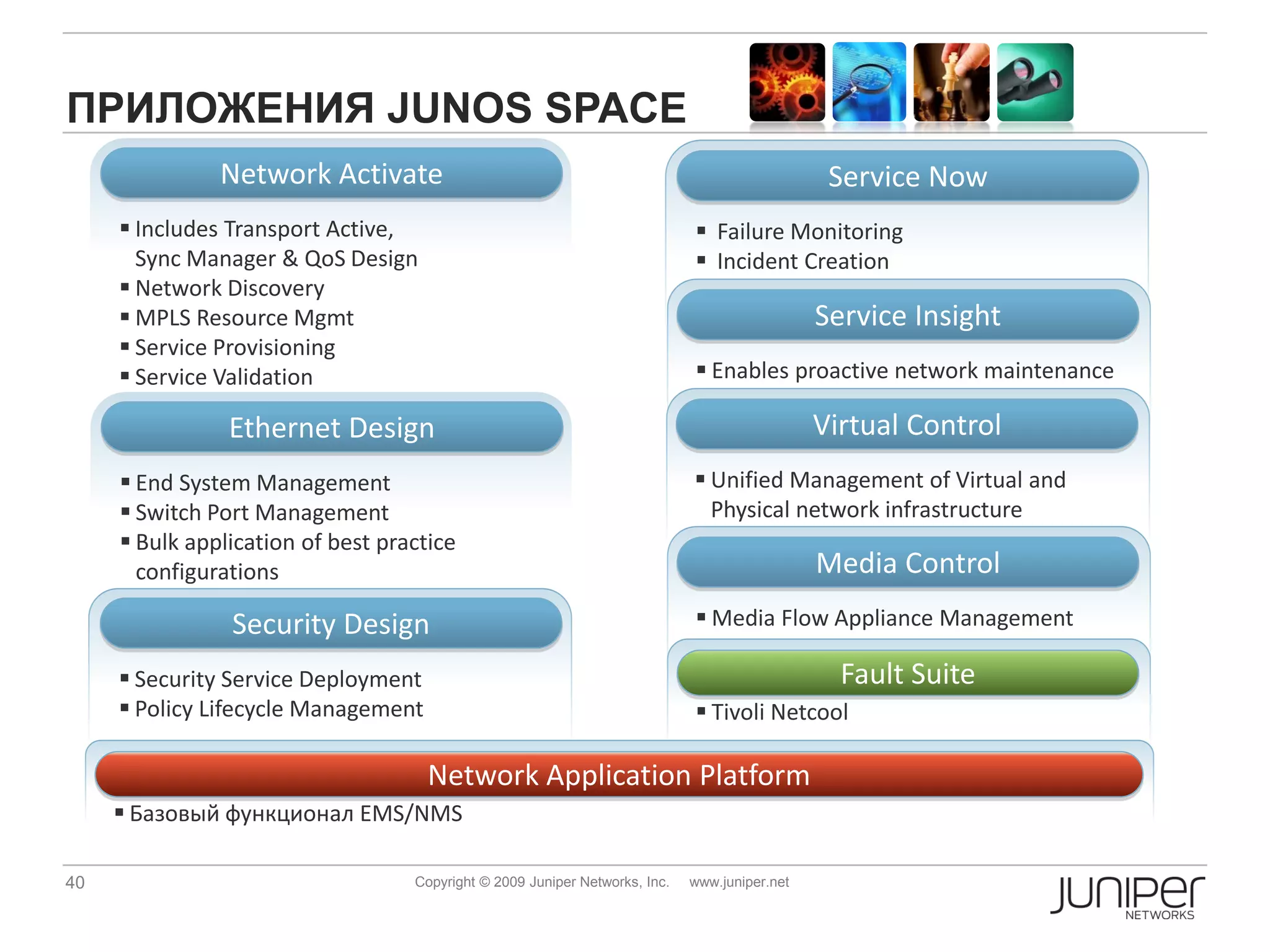 ПРИЛОЖЕНИЯ JUNOS SPACE
               Network Activate                                                                 Service Now
      Includes Transport Active,                                             Failure Monitoring
       Sync Manager & QoS Design                                              Incident Creation
      Network Discovery
      MPLS Resource Mgmt                                                                      Service Insight
      Service Provisioning
      Service Validation                                                     Enables proactive network maintenance

                Ethernet Design                                                                Virtual Control
      End System Management                                                  Unified Management of Virtual and
      Switch Port Management                                                  Physical network infrastructure
      Bulk application of best practice
       configurations                                                                          Media Control
                Security Design                                               Media Flow Appliance Management

      Security Service Deployment                                                               Fault Suite
      Policy Lifecycle Management                                            Tivoli Netcool

                                     Network Application Platform
      Базовый функционал EMS/NMS

40                                 Copyright © 2009 Juniper Networks, Inc.   www.juniper.net
 