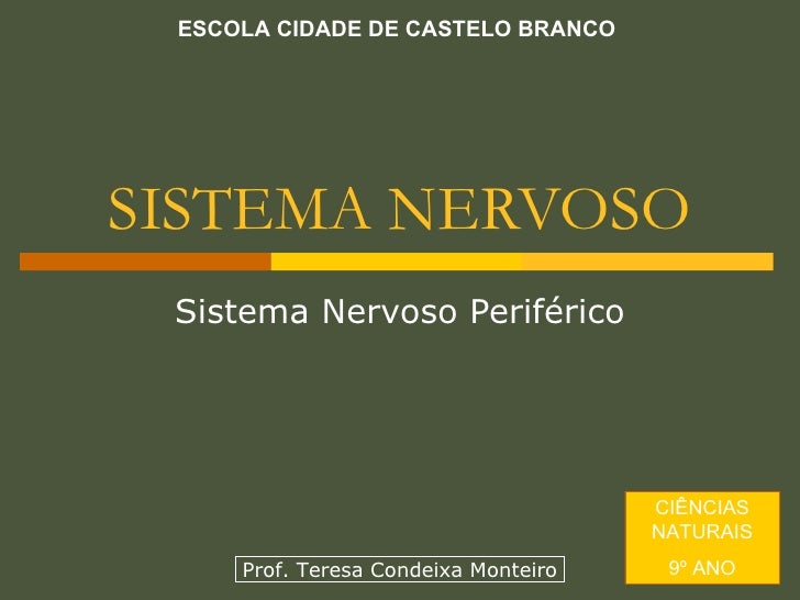 SISTEMA NERVOSO Sistema Nervoso Periférico ESCOLA CIDADE DE CASTELO BRANCO CIÊNCIAS NATURAIS 9º ANO Prof. Teresa Condeixa ...