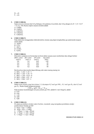 BIDANG STUDI KIMIA 14
D. 14 Si
E. 33As
5. UMB UI 2008 (8)
Suatu senyawa tersusun dari 0,4 g hidrogen, 4,0 g kalsium, 6,2 g fosfor, dan 12,8 g oksigen (A, H = 1; 0 = 16; P
= 31; Ca = 40). Rumus empiris senyawa tersebut adalah
A. CaHP03
B. CaHPO4
C. CaH2P2O5
D. CaH4P2O6
E. CaH4P2O8
6. UMB UI 2008 (7)
Pada elektrolisis menggunakan elektroda karbon, larutan yang dapat menghasilkan gas pada katoda maupun
anoda adalah
A. AgNO3
B. CuCI2
C. ZnC12
D. CUSO4
E. K2SO4
7. UMB UI 2008 (2)
Diketahui campuran ion bromat dan ion brom dalam suasana asam memberikan data sebagai berikut
[BrO3
-
] awal [Br -
] awal [H+
] awal laju reaksi
(mol/1) (mol/ 1) (mol/1) (M/s)
0,8 0,2 0,01 -160
0,4 0,2 0,01 80
0,4 0,4 0,01 80
0,4 0,2 0,02 80
Berdasarkan data tersebut dapat dihitung orde reaksi masing-masing ion
A. BrO3
-
=1; Br-
=1; H+
=1
B. BrO3
-
= 1; Br-
=1; H+
= 0
C. BrO3
-
= 1; Br-
= 0; H+
=0
D. BrO3
-
= O;Br-
=1;H+
= 0
E. BrO3
-
= O;Br-
=1;H+
=1
8. UMB UI 2008 (11)
Dalam suatu bejana yang bervolume 1 L dicampur 0,2 mol gas NH3 ; 0,1 mol gas H2; dan 0,2 mol
gas N2. Reaksi terjadi dengan persamaan
2 NH3 (g) 3 H2 (g) + N2 (g)
Pada keadaan kesetimbangan ternyata jumlah gas NH3 adalah 0,1 mol. Harga K, adalah
A. 0,39
B. 0,48
C. 1,20
D. 4,80
E. 9,00
9. UMB UI 2008 (12)
Di antara perubahan entalpi reaksi berikut, manakah yang merupakan perubahan entalpi
pembentukan Standar gas HI?
A. H2(g) + I2(g) → 2 HI(g)
B. H2(g) + I2(s) → 2 HI(g)
C. ½ H2(g) + ½ I2(g) →HI (g)
D. ½ H2(g) + ½ I2(l) →HI (g)
E. ½ H2(g) + ½ I2(s) →HI (g)
 