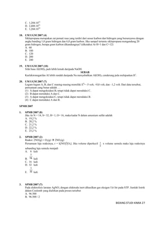 BIDANG STUDI KIMIA 27
C. 1,204.1023
D. 2,408.1023
E. 1,204.1024
18. UM UGM 2007 (4)
Siklopropana merupakan zat pemati rasa yang terdiri dari unsur karbon dan hidrogen yang bersenyawa dengan
angka banding 1,0 gram hidrogen dan 6,0 gram karbon. Jika sampel tertentu siklopropana mengandung 20
gram hidrogen, berapa gram karbon dikandungnya? (diketahui Ar H=1 dan C=12)
A. 60
B. 100
C. 120
D. 200
E. 240
19. UM UGM 2007 (10)
Sifat basa Al(OH)3 jauh lebih lemah daripada NaOH.
SEBAB
Keelektronegatifan Al lebih rendah daripada Na menyebabkan Al(OH)3 cenderung pula melepaskan H+
.
20. UM UGM 2007 (7)
Logam-logam A, B, dan C masing-masing memiliki E0
= -5 volt, +0,8 volt, dan –1,2 volt. Dari data tersebut,
pernyataan yang benar adalah …
(1) A dapat mengoksidasi B, tetapi tidak dapat mereduksi C.
(2) B dapat mereduksi A dan C.
(3) A dapat mengoksidasi C, tetapi tidak dapat mereduksi B.
(4) C dapat mereduksi A dan B.
SPMB 2007
1. SPMB 2007 (8)
Jika Ar N = 14, S= 32, H= 1, O= 16, maka kadar N dalam amonium sulfat adalah
A. 19,2 %
B. 20,2 %
C. 21,2 %
D. 22,2 %
E. 23,2 %
2. SPMB 2007 (2)
Reaksi: 2NO(g) + O2(g)  2NO2(g)
Persamaan laju reaksinya, r = k[NO]2
[O2]. Jika volume diperkecil
2
1 x volume semula maka laju reaksinya
sebanding laju semula menjadi
A. 8 kali
B. 16
1
kali
C. 16 kali
D. 32 kali
E. 32
1
kali
3. SPMB 2007 (7)
Pada elektrolisis larutan AgNO3 dengan elektroda inert dihasilkan gas oksigen 5,6 litr pada STP. Jumlah listrik
dalam Coulomb yang dialirkan pada proses tersebut
A. 96.500
B. 96.500 / 2
 