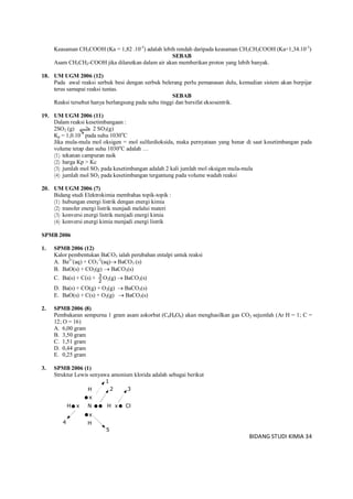 BIDANG STUDI KIMIA 34
Keasaman CH3COOH (Ka = 1,82 .10-5
) adalah lebih rendah daripada keasaman CH3CH2COOH (Ka=1,34.10-5
)
SEBAB
Asam CH3CH2-COOH jika dilarutkan dalam air akan memberikan proton yang lebih banyak.
18. UM UGM 2006 (12)
Pada awal reaksi serbuk besi dengan serbuk belerang perlu pemanasan dulu, kemudian sistem akan berpijar
terus samapai reaksi tuntas.
SEBAB
Reaksi tersebut hanya berlangsung pada suhu tinggi dan bersifat eksosentrik.
19. UM UGM 2006 (11)
Dalam reaksi kesetimbangaan :
2SO2 (g) 2 SO3(g)
Kp = 1,0.10-9
pada suhu 1030o
C
Jika mula-mula mol oksigen = mol sulfurdioksida, maka pernyataan yang benar di saat kesetimbangan pada
volume tetap dan suhu 1030o
C adalah …
(1) tekanan campuran naik
(2) harga Kp > Kc
(3) jumlah mol SO3 pada kesetimbangan adalah 2 kali jumlah mol oksigen mula-mula
(4) jumlah mol SO3 pada kesetimbangan tergantung pada volume wadah reaksi
20. UM UGM 2006 (7)
Bidang studi Elektrokimia membahas topik-topik :
(1) hubungan energi listrik dengan energi kimia
(2) transfer energi listrik menjadi melalui materi
(3) konversi energi listrik menjadi energi kimia
(4) konversi energi kimia menjadi energi listrik
SPMB 2006
1. SPMB 2006 (12)
Kalor pembentukan BaCO3 ialah perubahan entalpi untuk reaksi
A. Ba2+
(aq) + CO3
-2
(aq) BaCO3 (s)
B. BaO(s) + CO2(g)  BaCO3(s)
C. Ba(s) + C(s) +
2
3 O2(g)  BaCO3(s)
D. Ba(s) + CO(g) + O2(g)  BaCO3(s)
E. BaO(s) + C(s) + O2(g)  BaCO3(s)
2. SPMB 2006 (8)
Pembakaran sempurna 1 gram asam askorbat (C6H6O6) akan menghasilkan gas CO2 sejumlah (Ar H = 1; C =
12; O = 16)
A. 6,00 gram
B. 3,50 gram
C. 1,51 gram
D. 0,44 gram
E. 0,25 gram
3. SPMB 2006 (1)
Struktur Lewis senyawa amonium klorida adalah sebagai berikut
H x N H x Cl
H
x
x
H
x
1
2 3
5
4
 