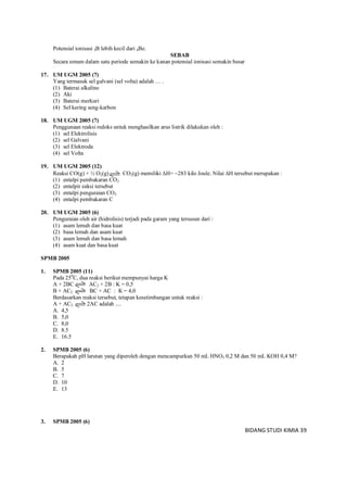 BIDANG STUDI KIMIA 39
Potensial ionisasi 5B lebih kecil dari 4Be.
SEBAB
Secara umum dalam satu periode semakin ke kanan potensial ionisasi semakin besar
17. UM UGM 2005 (7)
Yang termasuk sel galvani (sel volta) adalah … .
(1) Baterai alkaline
(2) Aki
(3) Baterai merkuri
(4) Sel kering seng-karbon
18. UM UGM 2005 (7)
Penggunaan reaksi redoks untuk menghasilkan arus listrik dilakukan oleh :
(1) sel Elektrolisis
(2) sel Galvani
(3) sel Elektroda
(4) sel Volta
19. UM UGM 2005 (12)
Reaksi CO(g) + ½ O2(g) CO2(g) memiliki H= 283 kilo Joule. Nilai H tersebut merupakan :
(1) entalpi pembakaran CO2
(2) entalpir eaksi tersebut
(3) entalpi penguraian CO2
(4) entalpi pembakaran C
20. UM UGM 2005 (6)
Penguraian oleh air (hidrolisis) terjadi pada garam yang tersusun dari :
(1) asam lemah dan basa kuat
(2) basa lemah dan asam kuat
(3) asam lemah dan basa lemah
(4) asam kuat dan basa kuat
SPMB 2005
1. SPMB 2005 (11)
Pada 250
C, dua reaksi berikut mempunyai harga K
A + 2BC AC2 + 2B : K = 0,5
B + AC2 BC + AC : K = 4,0
Berdasarkan reaksi tersebut, tetapan kesetimbangan untuk reaksi :
A + AC2 2AC adalah ....
A. 4,5
B. 5,0
C. 8,0
D. 8.5
E. 16.5
2. SPMB 2005 (6)
Berapakah pH larutan yang diperoleh dengan mencampurkan 50 mL HNO3 0,2 M dan 50 mL KOH 0,4 M?
A. 2
B. 5
C. 7
D. 10
E. 13
3. SPMB 2005 (6)
 
