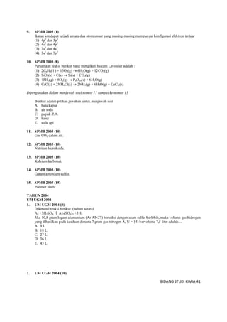 BIDANG STUDI KIMIA 41
9. SPMB 2005 (1)
Ikatan ion dapat terjadi antara dua atom unsur yang masing-masing mempunyai konfigurasi elektron terluar
(1) 4p1
dan 3p5
(2) 4s2
dan 4p5
(3) 3s2
dan 4s2
(4) 3s1
dan 3p5
10. SPMB 2005 (8)
Persamaan reaksi berikut yang mengikuti hukum Lavoisier adalah :
(1) 2C6H6( l ) + 15O2(g)  6H2O(g) + 12CO2(g)
(2) SiO2(s) + C(s)  Si(s) + CO2(g)
(3) 4PH3(g) + 8O2(g)  P4O10(s) + 6H2O(g)
(4) CaO(s) + 2NH4Cl(s)  2NH3(g) + 6H2O(g) + CaCl2(s)
Dipergunakan dalam menjawab soal nomor 11 sampai ke nomor 15
Berikut adalah pilihan jawaban untuk menjawab soal
A. batu kapur
B. air soda
C. pupuk Z.A.
D. karet
E. soda api
11. SPMB 2005 (10)
Gas CO2 dalam air.
12. SPMB 2005 (10)
Natrium hidroksida.
13. SPMB 2005 (10)
Kalsium karbonat.
14. SPMB 2005 (10)
Garam amonium sulfat.
15. SPMB 2005 (15)
Polimer alam.
TAHUN 2004
UM UGM 2004
1. UM UGM 2004 (8)
Diketahui reaksi berikut: (belum setara)
AI +3H2SO4  AI2(SO4)3 +3H2
Jika 10,8 gram logam alumunium (Ar AI=27) bereaksi dengan asam sulfat berlebih, maka volume gas hidrogen
yang dihasilkan pada keadaan dimana 7 gram gas nitrogen Ar N = 14) bervolume 7,5 liter adalah…
A. 9 L
B. 18 L
C. 27 L
D. 36 L
E. 45 L
2. UM UGM 2004 (10)
 