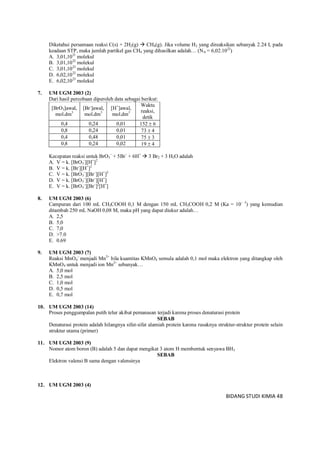 BIDANG STUDI KIMIA 48
Diketahui persamaan reaksi C(s) + 2H2(g)  CH4(g). Jika volume H2 yang direaksikan sebanyak 2.24 L pada
keadaan STP, maka jumlah partikel gas CH4 yang dihasilkan adalah… (NA = 6,02.1023
)
A. 3,01,1021
molekul
B. 3,01,1022
molekul
C. 3,01,1023
molekul
D. 6,02,1022
molekul
E. 6,02,1023
molekul
7. UM UGM 2003 (2)
Dari hasil percobaan diperoleh data sebagai berikut:
[BrO3]awal,
mol.dm3
[Br-
]awal,
mol.dm3
[H+
]awal,
mol.dm3
Waktu
reaksi,
detik
0,4 0,24 0,01 152  6
0,8 0,24 0,01 73  4
0,4 0,48 0,01 75  3
0,8 0,24 0,02 19  4
Kecepatan reaksi untuk BrO3
–
+ 5Br–
+ 6H+
 3 Br2 + 3 H2O adalah
A. V = k. [BrO3
-
][H+
]2
B. V = k. [Br-
][H+
]2
C. V = k. [BrO3
–
][Br–
][H+
]2
D. V = k. [BrO3
–
][Br–
][H+
]
E. V = k. [BrO3
–
][Br–
]2
[H+
]
8. UM UGM 2003 (6)
Campuran dari 100 mL CH3COOH 0,1 M dengan 150 mL CH3COOH 0,2 M (Ka = 10– 5
) yang kemudian
ditambah 250 mL NaOH 0,08 M, maka pH yang dapat diukur adalah…
A. 2,5
B. 5,0
C. 7,0
D. >7.0
E. 0.69
9. UM UGM 2003 (7)
Reaksi MnO4
–
menjadi Mn2+
bila kuantitas KMnO4 semula adalah 0,1 mol maka elektron yang ditangkap oleh
KMnO4 untuk menjadi ion Mn2+
sebanyak…
A. 5,0 mol
B. 2,5 mol
C. 1,0 mol
D. 0,5 mol
E. 0,7 mol
10. UM UGM 2003 (14)
Proses penggumpalan putih telur akibat pemanasan terjadi karena proses denaturasi protein
SEBAB
Denaturasi protein adalah hilangnya sifat-sifat alamiah protein karena rusaknya struktur-struktur protein selain
struktur utama (primer)
11. UM UGM 2003 (9)
Nomor atom boron (B) adalah 5 dan dapat mengikat 3 atom H membentuk senyawa BH3
SEBAB
Elektron valensi B sama dengan valensinya
12. UM UGM 2003 (4)
 