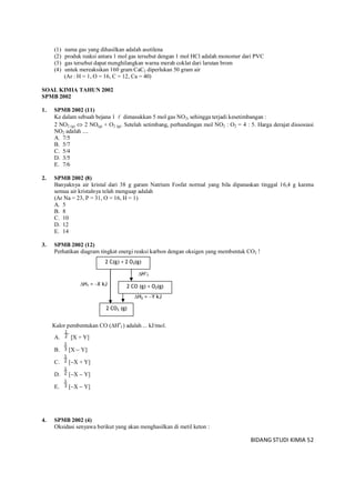 BIDANG STUDI KIMIA 52
(1) nama gas yang dihasilkan adalah asetilena
(2) produk reaksi antara 1 mol gas tersebut dengan 1 mol HCl adalah monomer dari PVC
(3) gas tersebut dapat menghilangkan warna merah coklat dari larutan brom
(4) untuk mereaksikan 160 gram CaC2 diperlukan 50 gram air
(Ar : H = 1, O = 16, C = 12, Ca = 40)
SOAL KIMIA TAHUN 2002
SPMB 2002
1. SPMB 2002 (11)
Ke dalam sebuah bejana 1  dimasukkan 5 mol gas NO2, sehingga terjadi kesetimbangan :
2 NO2 (g)  2 NO(g) + O2 (g). Setelah setimbang, perbandingan mol NO2 : O2 = 4 : 5. Harga derajat dissosiasi
NO2 adalah ....
A. 7/5
B. 5/7
C. 5/4
D. 3/5
E. 7/6
2. SPMB 2002 (8)
Banyaknya air kristal dari 38 g garam Natrium Fosfat normal yang bila dipanaskan tinggal 16,4 g karena
semua air kristalnya telah menguap adalah
(Ar Na = 23, P = 31, O = 16, H = 1)
A. 5
B. 8
C. 10
D. 12
E. 14
3. SPMB 2002 (12)
Perhatikan diagram tingkat energi reaksi karbon dengan oksigen yang membentuk CO2 !
Kalor pembentukan CO (Ho
f ) adalah ... kJ/mol.
A. 2
1
[X + Y]
B. 3
1
[X  Y]
C. 2
1
[X + Y]
D. 2
1
[X  Y]
E. 3
1
[X  Y]
4. SPMB 2002 (4)
Oksidasi senyawa berikut yang akan menghasilkan di metil keton :
2 C(g) + 2 O2(g)
2 CO (g) + O2(g)
2 CO2 (g)
H2 = Y kJ
H1 = X kJ
Hf
 