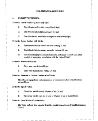 3: The offender engagedin sexual intercourse, oral sexual conduct, anal sexual
conduct, or aggravated sexual abuse with the victim (25 pts)
The offender engagedin a continuing course of sexualmisconduct with at least one
victim (20 pts)
The victim suffered from a mental disability, mental incapacity, or physical helplessness
(20 pts)
PAGE 03/30NYSBOE
SEXOFFENDER GUIDELINES
518-457-4~52
2: The offenderinflictedphysical injury (15 pts)
3: The offenderwasarmed with a dangerous instrument (30pts)
1: The offenderused forcible compulsion(10 pts)
1: The Offender/Victim contactwas over clothing (5 pts)
2: The Offender/Victim contact was under clothing (10 pts)
1: Therewere two, victims (20 pts)
1: Thevictim was 11 through 16 years ofage (20 pts)
2: The victim was 10years old or less, or 63 years ofage or more (30 pts)
2: There were three or more victims (30 pts)
I. CURRENT OFFENSE(S)
Factor 1: Use ofViolence (Choose only one)
Factor 2: Sexual Contact with Victim
Factor 4: Duration ofOffense Conduct with Victim
Factor 5: Age of Victim
Factor 3: Number of Victims
Factor 6: Other Victim Characteristics
2007 11:15
 