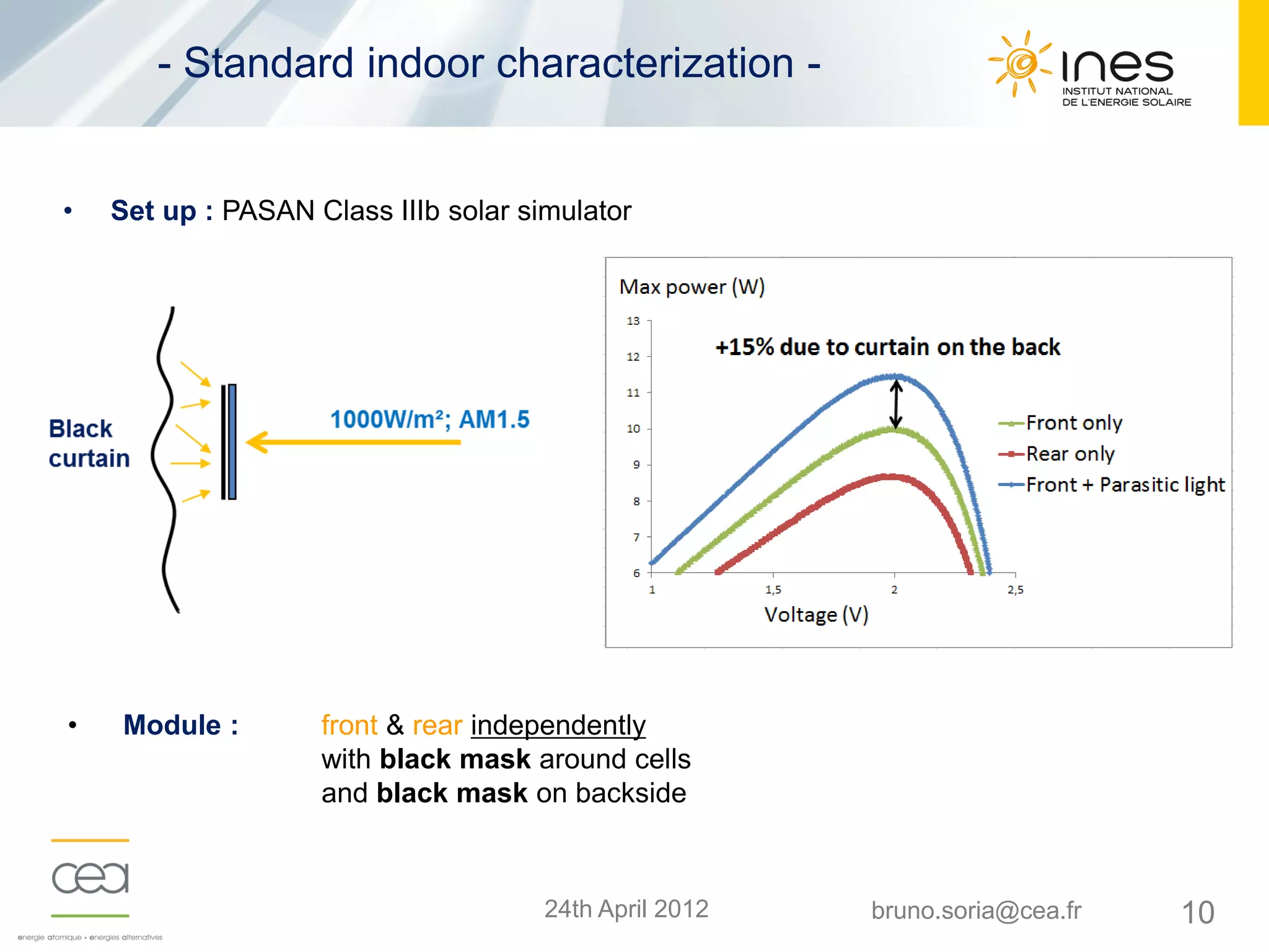 1024th April 2012 bruno.soria@cea.fr
- Standard indoor characterization -
• Module : front & rear independently
with black mask around cells
and black mask on backside
• Set up : PASAN Class IIIb solar simulator
 