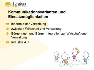 Kommunikationsvarianten und
Einsatzmöglichkeiten
innerhalb der Verwaltung
zwischen Wirtschaft und Verwaltung
Bürgerinnen und Bürger Integration zur Wirtschaft und
Verwaltung
Industrie 4.0
 