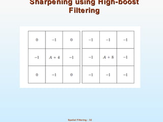 Spatial Filtering : 32
Sharpening using High-boostSharpening using High-boost
FilteringFiltering
 