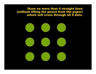 Draw no more than 4 straight lines
(without lifting the pencil from the paper)
which will cross through all 9 dots.
 