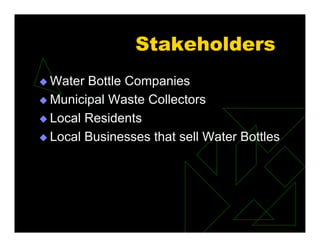 Stakeholders
 Water Bottle Companies
 Municipal Waste Collectors
 Local Residents
 Local Businesses that sell Water Bottles
 