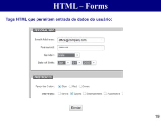 HTML – Forms
19
Tags HTML que permitem entrada de dados do usuário:
 