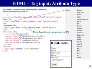 HTML – Tag input: Atributo Type
21
URL que será chamada quando o formulário for SUBMETIDO
(destino dos dados do formulário)
Nome do parâmetro a ser passado na URL
 