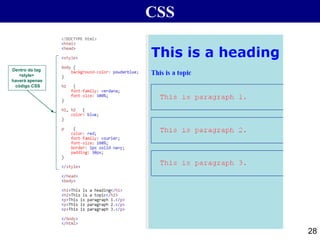 CSS
28
Dentro da tag
<style>
haverá apenas
código CSS
 