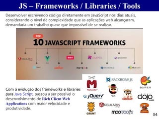 JS – Frameworks / Libraries / Tools
Desenvolver escrevendo código diretamente em JavaScript nos dias atuais,
considerando o nível de complexidade que as aplicações web alcançaram,
demandaria um trabalho quase que impossível de se realizar.
Com a evolução dos frameworks e libraries
para Java Script, passou a ser possível o
desenvolvimento de Rich Client Web
Applications com maior velocidade e
produtividade.
54
 