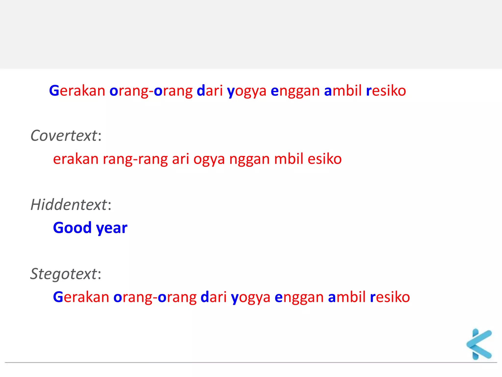 Gerakan orang-orang dari yogya enggan ambil resiko 
Covertext: 
erakan rang-rang ari ogya nggan mbil esiko 
Hiddentext: 
Good year 
Stegotext: 
Gerakan orang-orang dari yogya enggan ambil resiko  