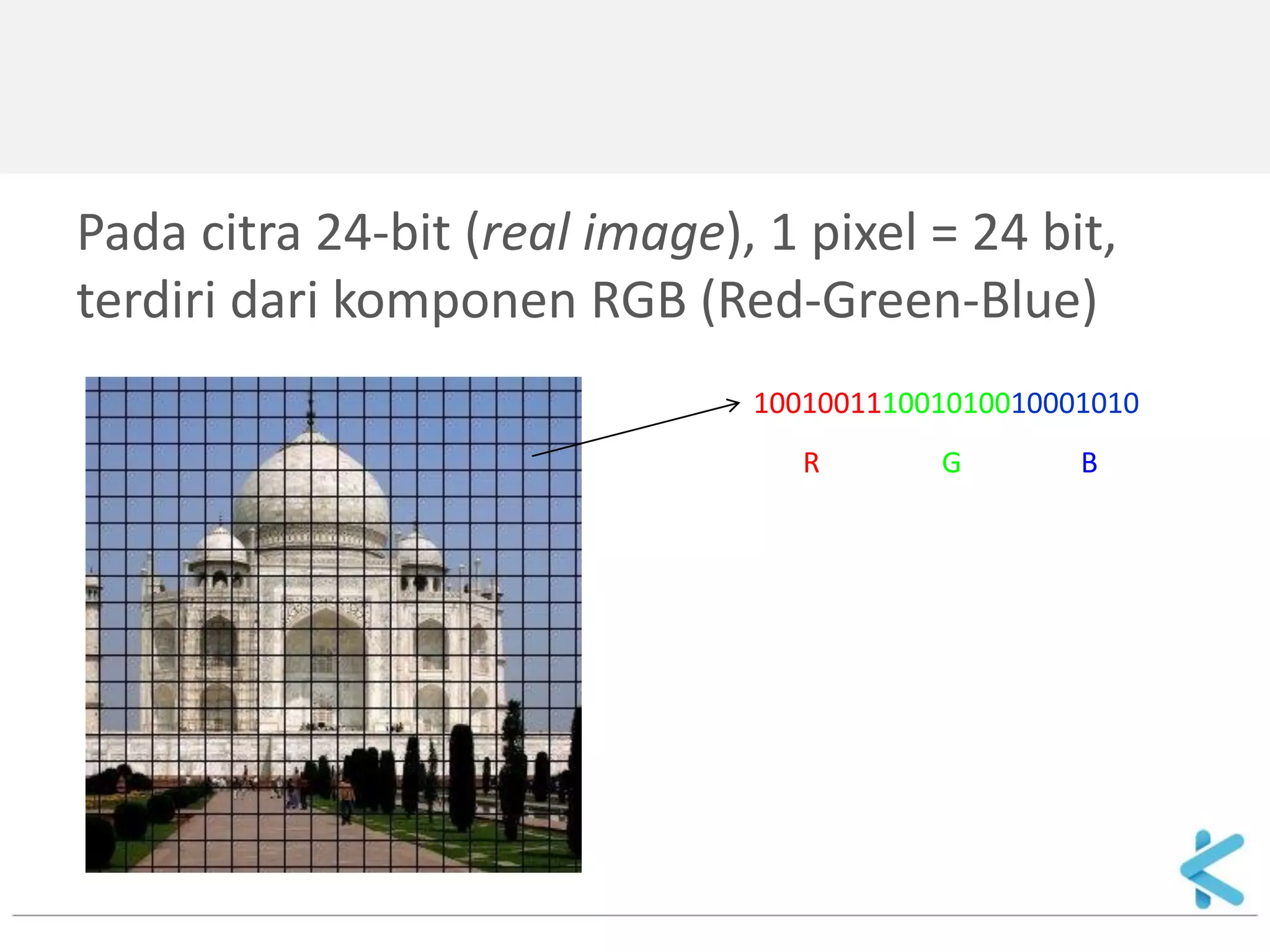 Pada citra 24-bit (real image), 1 pixel = 24 bit, terdiri dari komponen RGB (Red-Green-Blue) 
100100111001010010001010 
R 
G 
B  