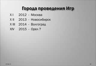  X I 2012 - Москва
 X II 2013 - Новосибирск
 X III 2014 - Волгоград
 XIV 2015 - Орел ?
23.06.15 29
 
