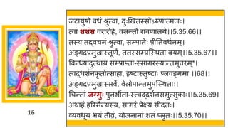 16
जट युर्ो वधां श्रुत्व , दुःणखतस्सोऽरुण त्मजः।
त्व ां शशिंस वर रोहे, वसन्ततीां र वण लये।।5.35.66।।
तस्य तद्धवचनां श्रुत्व , सम्प तेः प्रीनतवधषनम्।
अङ्िदप्रमुख स्तूणं, ततस्सम्प्रस्स्थत वयम्।।5.35.67।।
ववन्त्य दुत्थ य सम्प्र प्त -स्स िरस्य न्ततमुत्तरम्*।
त्वद्धधशषनकृ तोत्स ह , हृष्टट स्तुष्टट ः प्लवङ्िम ः।।68।।
अङ्िदप्रमुख स्सवे, वेलोप न्ततमुपस्स्थत ः।
गचन्तत ां जगमुः पुनभीत -स्त्वद्धदशषनसमुत्सुक ः।।5.35.69।
अथ हां हररसैन्तयस्य, स िरां प्रेक्ष्य सीदतः।
र्वयवधूय भयां तीव्रां, योजन न ां शतां प्लुतः।।5.35.70।।
 