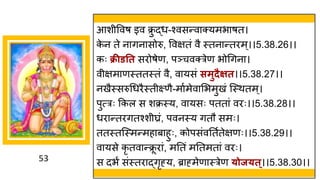 53
आशीववर् इव क्र
ु द्धध-श्वसन्तव क्यमभ र्त।
क
े न ते न िन सोरु, ववितां वै स्तन न्ततरम्।।5.38.26।।
कः क्रीडतत सरोर्ेण, पञ्चवक्रेण भोगिन ।
वीिम णस्ततस्तां वै, व यसां समुदैक्षत।।5.38.27।।
नखैस्सरुगधरैस्तीक्ष्णै-म षमेव मभमुखां स्स्थतम्।
पुत्रः ककल स शक्रस्य, व यसः पतत ां वरः।।5.38.28।।
धर न्ततरितश्शीघ्रां, पवनस्य ितौ समः।
ततस्तस्स्मन्तमह ब हुः, कोपसांवनतषतेिणः।।5.38.29।।
व यसे कृ तव न्तक्र
ू र ां, मनतां मनतमत ां वरः।
स दभं सांस्तर द्धिृह्य, ब्र ह्मेण स्रेण ्ोज्त्।।5.38.30।।
 