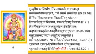 6
दुन्तदुमभस्वनननर्घोर्, स्स्स्नग्धवणषः प्रत पव न्।
समस्समववभक्त ङ्िो, वणं श्य मां सम गश्रतः।।5.35.16।।
त्ररस्स्थरस्स्रप्रलम्बश्च, त्ररसमस्स्रर्ु चोन्तनतः।
त्ररत म्रस्स्रर्ु च स्स्नग्धो, िम्भीरस्स्रर्ु ननत्यशः।।17।।
त्ररवलीव ांस््यवन-तश्चतुर्वयषङ्िस्स्रशीर्षव न्।
चतुष्टकलश्चतुलेख-श्चतुस्ष्टकष्टक
ु श्चतुस्समः।।5.35.18।।
चतुदषशसमद्धवन्तद्धव-श्चतुदंष्टरश्चतुिषनतः।
महोष्टिहनुन सश्च, पञ्चस्स्नग्धोऽष्टटवांशव न्।।5.35.19।।
दशपद्धमो दशबृह-स्त्रमभर्वय षप्तो द्धववशुक्लव न्।
र्डुन्तनतो नवतनु-स्स्रमभर्व्ागप्नोतत र र्घवः।।5.35.20।।
 