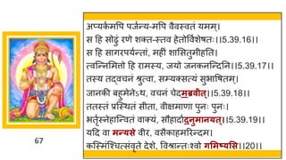 67
अप्यक
ष मवप पजषन्तय-मवप वैवस्वतां यमम्।
स दह सोढुां रणे शक्त-स्तव हेतोववषशेर्तः।।5.39.16।।
स दह स िरपयषन्तत ां, महीां श मसतुमीहनत।
त्वस्न्तनममत्तो दह र मस्य, जयो जनकनस्न्तदनन।।5.39.17।।
तस्य तद्धवचनां श्रुत्व , सम्यक्सत्यां सुभ वर्तम ्।
ज नकी बहुमेनेऽथ, वचनां चेदमब्रवीत्।।5.39.18।।
ततस्तां प्रस्स्थतां सीत , वीिम ण पुनः पुनः।
भतृषस्नेह स्न्तवतां व क्यां, सौह द षदनुमान्त्।।5.39.19।।
यदद व मन्त्से वीर, वसैक हमररन्तदम।
कस्स्मांस्श्चत्सांवृते देशे, ववश्र न्ततःश्वो र्समष््सस।।20।।
 