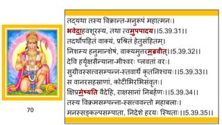 70
तद्धयथ तस्य ववक्र न्तत-मनुरूपां मह त्मनः।
िवेदाहवशूरस्य, तथ त्वमुपपाद्।।5.39.31।।
तदथोपदहतां व क्यां, प्रगश्रतां हेतुसांदहतम्।
ननशम्य हनुम न्तशेर्ां, व क्यमुत्तरमब्रवीत्।।5.39.32।।
देवव हयृषिसैन्तय न -मीश्वरः प्लवत ां वरः।
सुग्रीवस्सत्त्वसम्पन्तन-स्तव थे कृ तननश्चयः।।5.39.33।।
स व नरसहस्र ण ां, कोटीमभरमभसांवृतः।
क्षिप्रमेष््तत वैदेदह, र िस न ां ननबहषणः।।5.39.34।।
तस्य ववक्रमसम्पन्तन -स्सत्त्ववन्ततो मह बल ः।
मनस्सङ्कल्पसम्प त , ननदेशे हरयः स्स्थत ः।।5.39.35।।
 