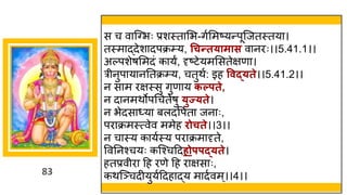 83
स च व स्ग्भः प्रशस्त मभ-िषममष्टयन्तपूस्जतस्तय ।
तस्म द्धदेश दपक्रम्य, धचन्तत्ामास व नरः।।5.41.1।।
अल्पशेर्ममदां क यं, दृष्टटेयममसतेिण ।
रीनुप य ननतक्रम्य, चतुथष: इह ववद््ते।।5.41.2।।
न स म रिस्सु िुण य कल्पते,
न द नमथोपगचतेर्ु ्ुज््ते।
न भेदस ्य बलदवपषत जन ः,
पर क्रमस्त्वेव ममेह िोचते।।3।।
न च स्य क यषस्य पर क्रम दृते,
ववननश्चयः कस्श्चददर्ोपपद््ते।
हतप्रवीर दह रणे दह र िस ः,
कथस्ञ्चदीयुयषददह द्धय म दषवम्।।4।।
 