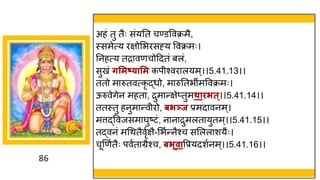 86
अहां तु तैः सांयनत चण्डववक्रमै,
स्समेत्य रिोमभरसह्य ववक्रमः।
ननहत्य तर वणचोददतां बलां,
सुखां र्समष््ासम कपीश्वर लयम ्।।5.41.13।।
ततो म रुतवत्कृ द्धधो, म रुनतभीमववक्रमः।
ऊरुवेिेन महत , रुम न्तिेप्तुमथािित्।।5.41.14।।
ततस्तु हनुम न्तवीरो, बिञ्ज प्रमद वनम ्।
मत्तद्धववजसम र्घुष्टटां, न न रुमलत युतम ्।।5.41.15।।
तद्धवनां मगथतैवृषिै-मभषन्तनैश्च समलल शयैः।
चूणणषतैः पवषत ग्रैश्च, बिूवावप्रयदशषनम ्।।5.41.16।।
 