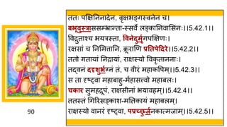 90
ततः पक्षिननन देन, वृिभङ्िस्वनेन च।
बिूवुस्राससम्भ्र न्तत -स्सवे लङ्क ननव मसनः।।5.42.1।।
ववरुत श्च भयरस्त , ववनेदुमृगिपक्षिणः।
रिस ां च ननममत्त नन, क्र
ू र णण प्रततपेहदिे।।5.42.2।।
ततो ित य ां ननर य ां, र िस्यो ववकृ त नन ः।
तद्धवनां ददृशुिगग्नां तां, च वीरां मह कवपम्।।5.42.3।।
स त दृष्ट्व मह ब हु-मषह सत्त्वो मह बलः।
चकाि सुमहरूपां, र िसीन ां भय वहम्।।5.42.4।।
ततस्तां गिररसङ्क श-मनतक यां मह बलम्।
र िस्यो व नरां दृष्ट्व , पप्रच्छ
ु जगनक त्मज म्।।5.42.5।।
 
