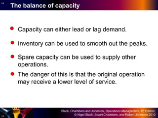 Slack, Chambers and Johnston, Operations Management, 6th Edition,
© Nigel Slack, Stuart Chambers, and Robert Johnston 2010
6.8
6.8
The balance of capacity
Capacity can either lead or lag demand.
Inventory can be used to smooth out the peaks.
Spare capacity can be used to supply other
operations.
The danger of this is that the original operation
may receive a lower level of service.
 