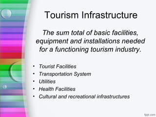 Tourism Infrastructure
The sum total of basic facilities,
equipment and installations needed
for a functioning tourism ind...