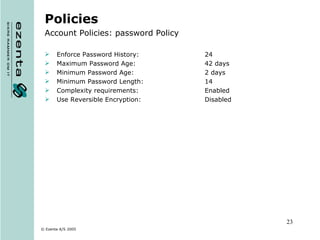 Policies Account Policies: password Policy Enforce Password History: 24 Maximum Password Age: 42 days Minimum Password Age: 2 days Minimum Password Length: 14 Complexity requirements: Enabled Use Reversible Encryption: Disabled 