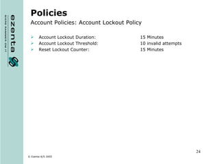 Policies Account Policies: Account Lockout Policy Account Lockout Duration: 15 Minutes Account Lockout Threshold: 10 invalid attempts Reset Lockout Counter: 15 Minutes 