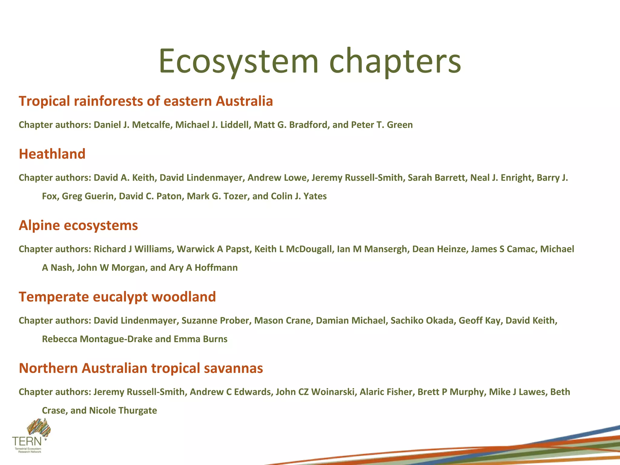 Ecosystem chapters
Tropical rainforests of eastern Australia
Chapter authors: Daniel J. Metcalfe, Michael J. Liddell, Matt G. Bradford, and Peter T. Green

Heathland
Chapter authors: David A. Keith, David Lindenmayer, Andrew Lowe, Jeremy Russell-Smith, Sarah Barrett, Neal J. Enright, Barry J.
     Fox, Greg Guerin, David C. Paton, Mark G. Tozer, and Colin J. Yates

Alpine ecosystems
Chapter authors: Richard J Williams, Warwick A Papst, Keith L McDougall, Ian M Mansergh, Dean Heinze, James S Camac, Michael
     A Nash, John W Morgan, and Ary A Hoffmann

Temperate eucalypt woodland
Chapter authors: David Lindenmayer, Suzanne Prober, Mason Crane, Damian Michael, Sachiko Okada, Geoff Kay, David Keith,
     Rebecca Montague-Drake and Emma Burns

Northern Australian tropical savannas
Chapter authors: Jeremy Russell-Smith, Andrew C Edwards, John CZ Woinarski, Alaric Fisher, Brett P Murphy, Mike J Lawes, Beth
     Crase, and Nicole Thurgate
 