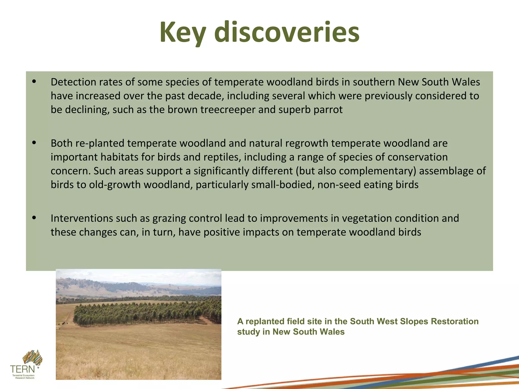 Key discoveries
•   Detection rates of some species of temperate woodland birds in southern New South Wales
    have increased over the past decade, including several which were previously considered to
    be declining, such as the brown treecreeper and superb parrot

•   Both re-planted temperate woodland and natural regrowth temperate woodland are
    important habitats for birds and reptiles, including a range of species of conservation
    concern. Such areas support a significantly different (but also complementary) assemblage of
    birds to old-growth woodland, particularly small-bodied, non-seed eating birds

•   Interventions such as grazing control lead to improvements in vegetation condition and
    these changes can, in turn, have positive impacts on temperate woodland birds




                                           A replanted field site in the South West Slopes Restoration
                                           study in New South Wales
 