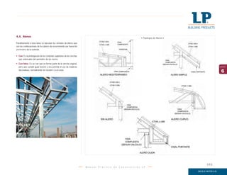 M a n u a l P r á c t i c o d e C o n s t r u c c i ó n L P
6
capítulo
4.4. Aleros
Paralelamente a esta tarea se ejecutan los remates de aleros que
son las continuaciones de los planos de escurrimiento por fuera del
perímetro de la vivienda.
• Can: Es la prolongación de los cordones superiores de las cerchas
que sobresalen del perímetro de los muros.
• Can falso: Es un can que no forma parte de la cercha original,
pero que cumple igual función y nos permite el uso de maderas
decorativas, normalmente sin recubrir o a la vista.
Tipología de Aleros
101
 