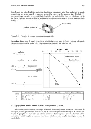 Notas de Aula - Mecânica dos Solos 104
fazendo com que a tensão efetiva realmente atuante seja maior que a total. Esse acréscimo de tensão
proporciona um acréscimo de resistência conhecido como coesão aparente (ver Unidade 9),
responsável, por exemplo, pela estabilidade de taludes em areia úmida. Uma vez eliminada a ação
das forças capilares (saturação do solo) desaparece este ganho de resistência (coesão aparente tende
a zero).
Figura 7.11 - Pressões de contato em uma amostra de solo.
Exemplo 4: Dado o perfil geotécnico abaixo, admitindo que na zona da franja capilar o solo esteja
completamente saturado, qual o valor da pressão neutra e efetiva nos pontos A e B.
20
-5
71
41
-15 -5 5 15 25 35 45 55 65 75
TENSÕES - (kPa)
PROFUNDIDADE-(m)
Pressão neutra
Tensão efetiva
Tensão total (kN/m2
) Pressão neutra (kN/m2
) Tensão efetiva (kN/m2
)
Pontos
σv0 = γ . z1 + γsat . z u0 = γw . zw σ’v0 = σ’v0 - u0
A 18 . 2 = 36 10 . (- 0,5) = - 5 36 - (-5) = 41
B 36 + 22 . 2,5 = 91 10 . 2 = 20 91 - 20 = 71
7.2 Propagação de tensões no solo devido a carregamentos externos
São as tensões decorrentes das cargas estruturais aplicadas (tensões induzidas), resultantes de
fundações, aterros, pavimentos, escavações, etc. A lei de variação das modificações de tensões, em
função da posição dos elementos do terreno, chama-se distribuição de pressões. Existem várias
teorias sobre a distribuição de pressões, mas vamos estudar a teoria simples ou antiga e a teoria da
elasticidade.
MENISCOS
GRÃOS DE SOLO
N.T.
N.A.
areia fina
franja capilar
A
- 2,0 m
- 2,5 m
- 4,5 m
γ = 18 kN/m2
γ = 22 kN/m2
A
B
 