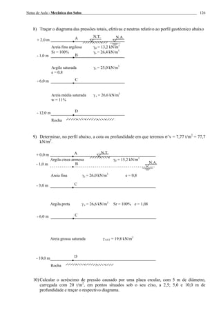 Notas de Aula - Mecânica dos Solos 126
8) Traçar o diagrama das pressões totais, efetivas e neutras relativo ao perfil geotécnico abaixo
9) Determinar, no perfil abaixo, a cota ou profundidade em que teremos σ’v = 7,77 t/m2
= 77,7
kN/m2
.
10) Calcular o acréscimo de pressão causado por uma placa crcular, com 5 m de diâmetro,
carregada com 20 t/m2
, em pontos situados sob o seu eixo, a 2,5; 5,0 e 10,0 m de
profundidade e traçar o respectivo diagrama.
N.T.A+ 2,0 m
N.A.
- 1,0 m
- 6,0 m
B
C
D- 12,0 m
Argila saturada γs = 25,0 kN/m3
e = 0,8
Areia média saturada γ s = 26,6 kN/m3
w = 11%
Rocha
Areia fina argilosa γd = 13,2 kN/m3
Sr = 100% γs = 26,4 kN/m3
N.T.A+ 0,0 m
N.A.- 1,0 m
- 3,0 m
B
C
D- 10,0 m
Areia fina γs = 26,0 kN/m3
e = 0,8
Argila preta γ s = 26,6 kN/m3
Sr = 100% e = 1,08
Rocha
Argila cinza arenosa γd = 15,2 kN/m3
- 6,0 m C
Areia grossa saturada γ SAT = 19,8 kN/m3
 