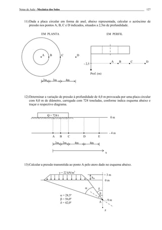 Notas de Aula - Mecânica dos Solos 127
11) Dada a placa circular em forma de anel, abaixo representada, calcular o acréscimo de
pressão nos pontos A, B, C e D indicados, situados a 2,5m de profundidade.
12) Determinar a variação de pressão à profundidade de 4,0 m provocada por uma placa circular
com 8,0 m de diâmetro, carregada com 724 toneladas, conforme indica esquema abaixo e
traçar o respectivo diagrama.
13) Calcular a pressão transmitida ao ponto A pelo atero dado no esquema abaixo.
A B C D
2m 3m 4m
EM PLANTA
A B C D
Prof. (m)
- 2,5
EM PERFIL
2m 2m 4m 4m
A B C D E
Q = 724 t
x
0 m
- 4 m
•
δα
hat
z
A
γ = 22 kN/m3
- 9 m
0 m
+ 3 m
α = 28,5º
β = 56,0º
δ = 42,0º
β
 
