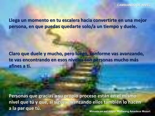Claro que duele y mucho, pero luego, conforme vas avanzando,
te vas encontrando en esos niveles con personas mucho más
afines a ti.
Personas que gracias a su propio proceso están en el mismo
nivel que tú y que, si sigues avanzando ellos también lo hacen
a la par que tú.
CAMBIANDO DE NIVEL
Llega un momento en tu escalera hacia convertirte en una mejor
persona, en que puedas quedarte solo/a un tiempo y duele.
Minueto en sol mayor Wolfwang Amadeus Mozart
 