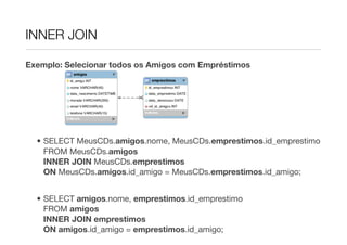 INNER JOIN

Exemplo: Selecionar todos os Amigos com Empréstimos




  • SELECT MeusCDs.amigos.nome, MeusCDs.emprestimos.id_emprestimo
    FROM MeusCDs.amigos
    INNER JOIN MeusCDs.emprestimos
    ON MeusCDs.amigos.id_amigo = MeusCDs.emprestimos.id_amigo;


  • SELECT amigos.nome, emprestimos.id_emprestimo
    FROM amigos
    INNER JOIN emprestimos
    ON amigos.id_amigo = emprestimos.id_amigo;
 