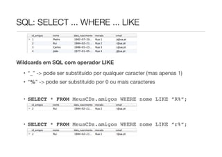 SQL: SELECT ... WHERE ... LIKE



Wildcards em SQL com operador LIKE

  • “_” -> pode ser substituído por qualquer caracter (mas apenas 1)
  • “%” -> pode ser substituído por 0 ou mais caracteres


  • SELECT * FROM MeusCDs.amigos WHERE nome LIKE ”R%”;



  • SELECT * FROM MeusCDs.amigos WHERE nome LIKE ”r%”;
 