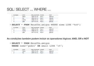 SQL: SELECT ... WHERE ...



  • SELECT * FROM MeusCDs.amigos WHERE nome LIKE ”%o%”;




As condições também podem incluir os operadores lógicos: AND, OR e NOT

  • SELECT * FROM MeusCDs.amigos
    WHERE nome="pedro" OR email LIKE "r%";
 