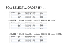 SQL: SELECT ... ORDER BY ...



 • SELECT * FROM MeusCDs.amigos ORDER BY nome;




 • SELECT * FROM MeusCDs.amigos ORDER BY nome DESC;
 